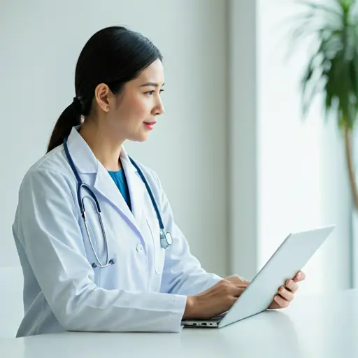 Médica sorrindo segurando um tablet